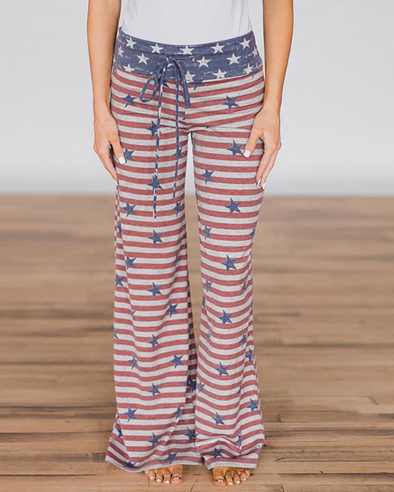 

Stars Print Striped High Waist Casual Pants, Blue