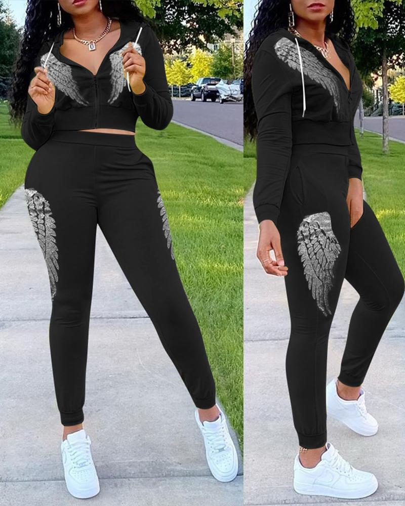 

Wings Print Zipper Design Hooded Top & High Waist Pants Sets, Black