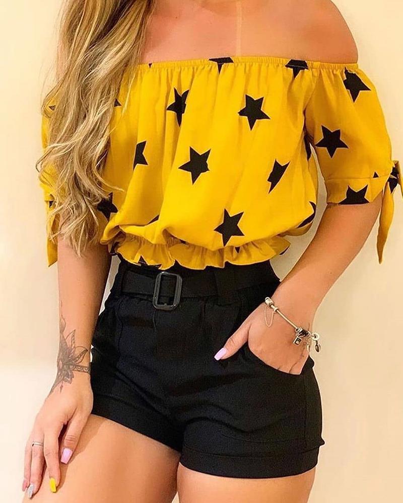 

Stars Print Off Shoulder Short Sleeve Blouse, Yellow