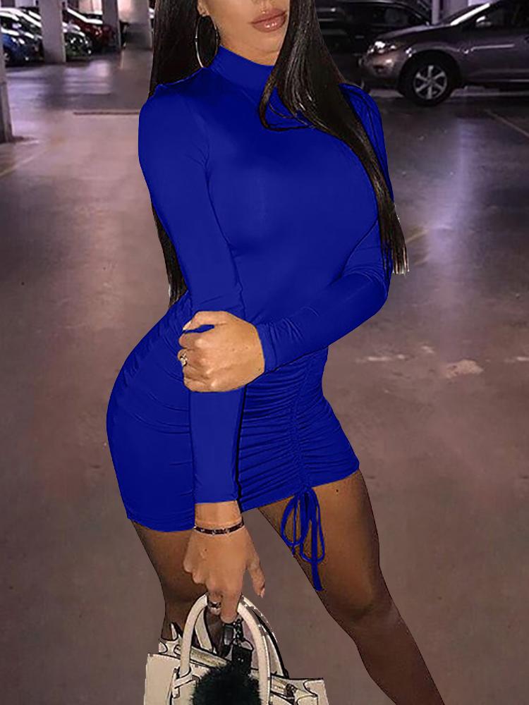 

Long Sleeve Ruched Drawstring Design Mini Dress, Blue