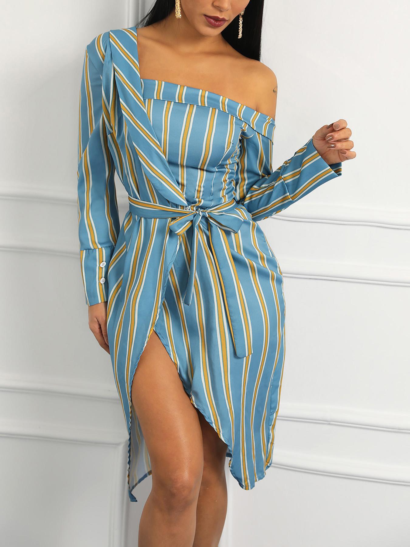 

Striped Irregular One Shoulder Shirt Dress, Multicolor
