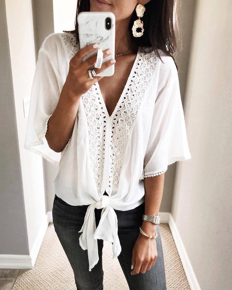 

V-Neck Hollow Out Knotted Casual Blouse, White