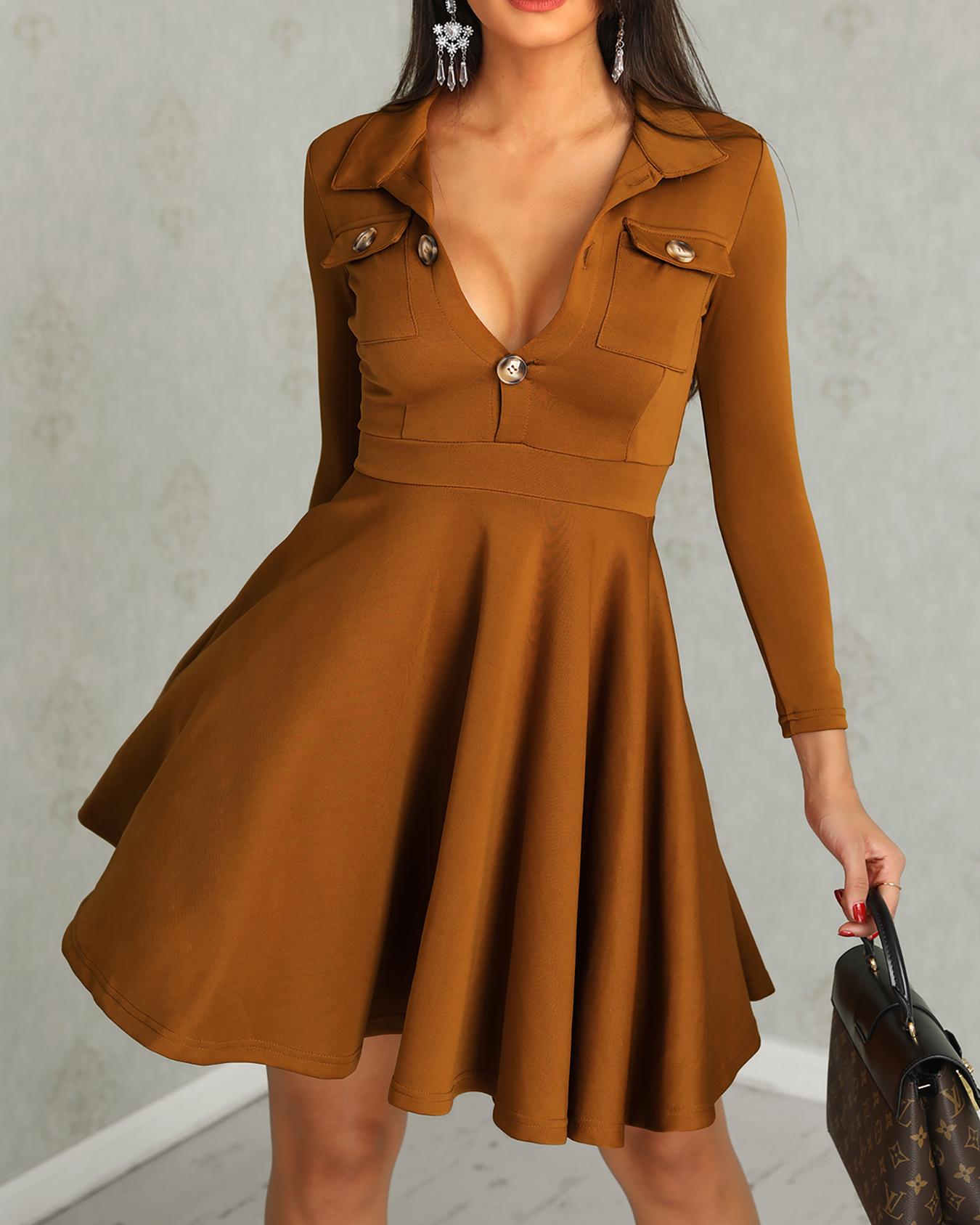 

Solid Button Design Pleated Casual Dress, Brown