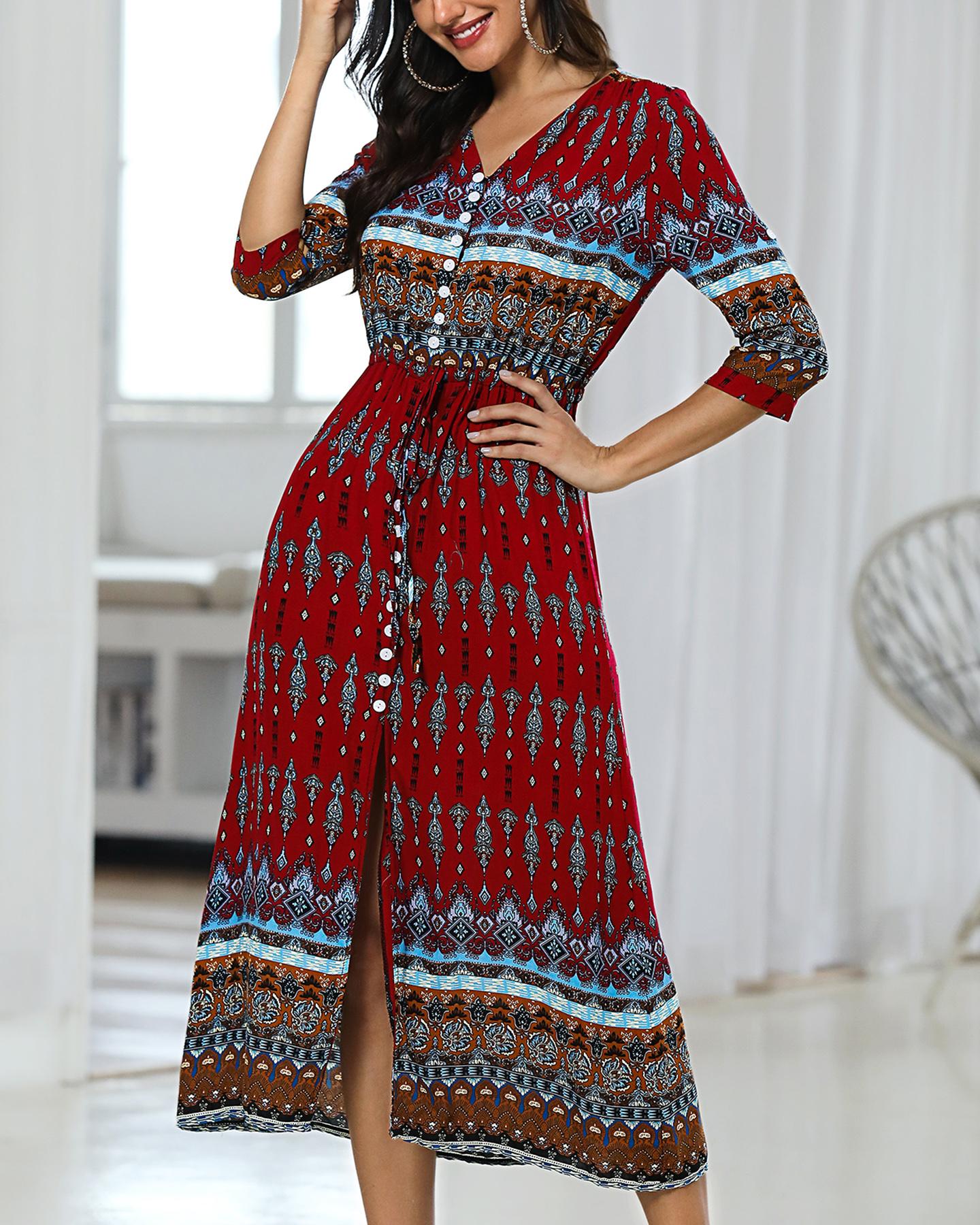 

Ethnic Printed Bandage Boho Maxi Dress, Wine red