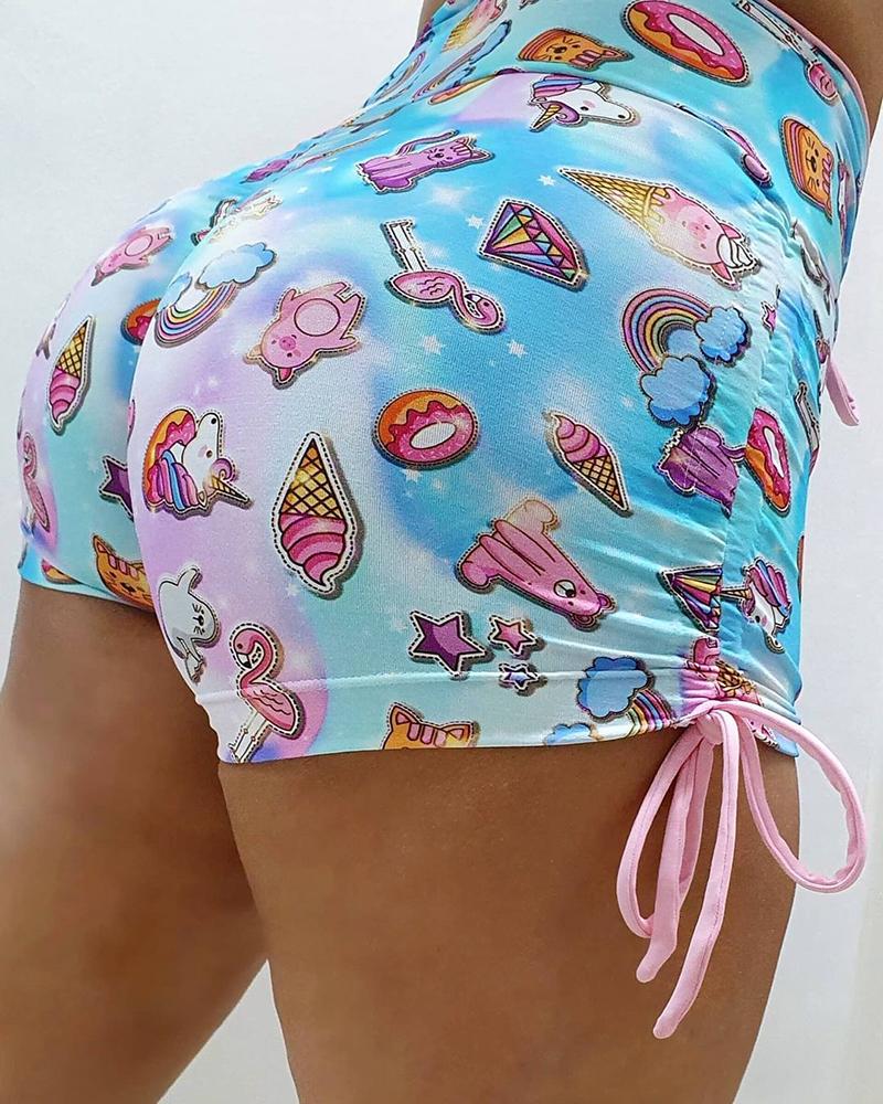 

Cartoon Print Drawstring Shorts, Blue