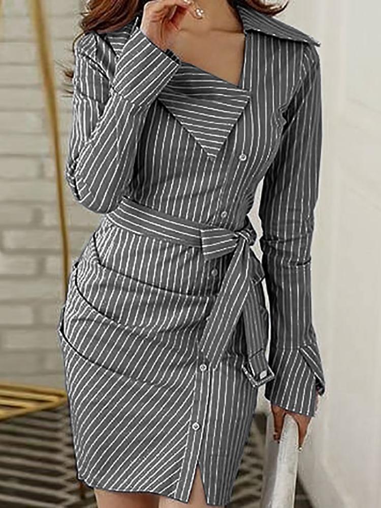 

Pinstripes Ruched Irregular Belted Shirt Dress