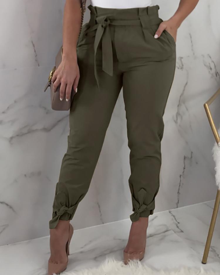 

Frill Waist Belted Tied Ankle Pants, Army green