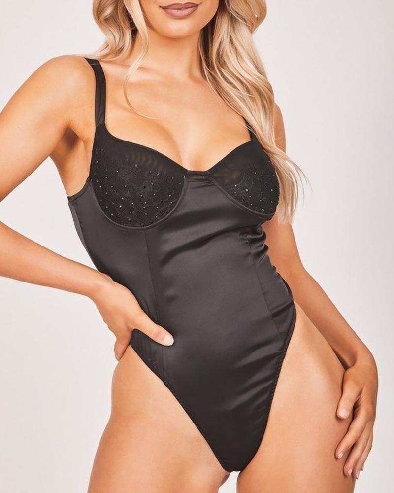 

Lace Insert Spaghetti Strap Satin Bodysuit, Black