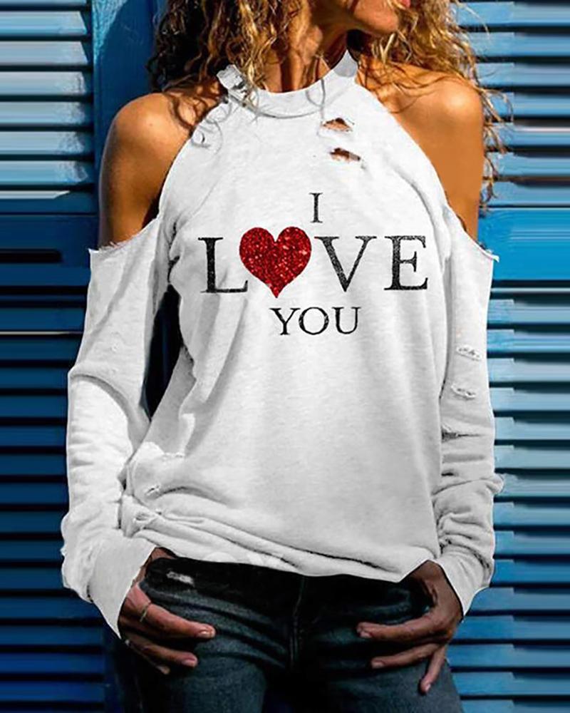 

Letter Heart Cold Shoulder Casual T-shirt, White