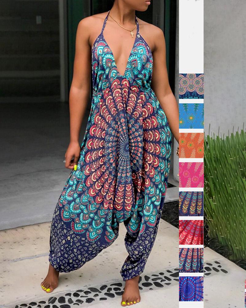 

Peacock Print Halter Wide Leg Jumpsuit, Blue