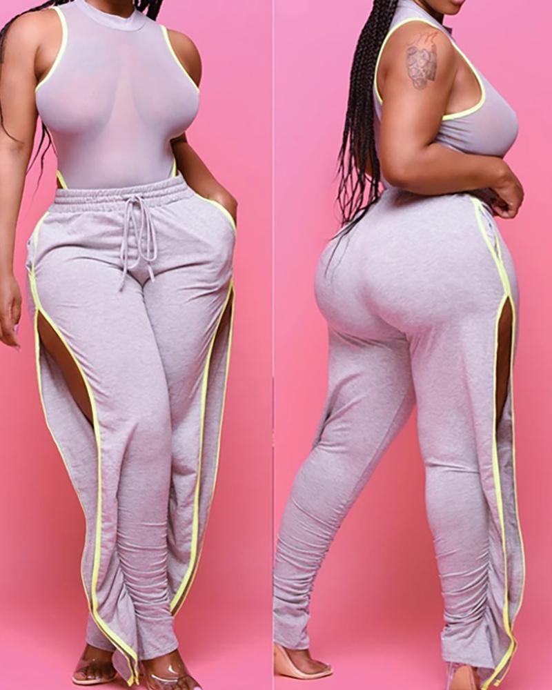 

Colorblock Sheer Mesh Bodysuit & Slit Pants Set, Gray