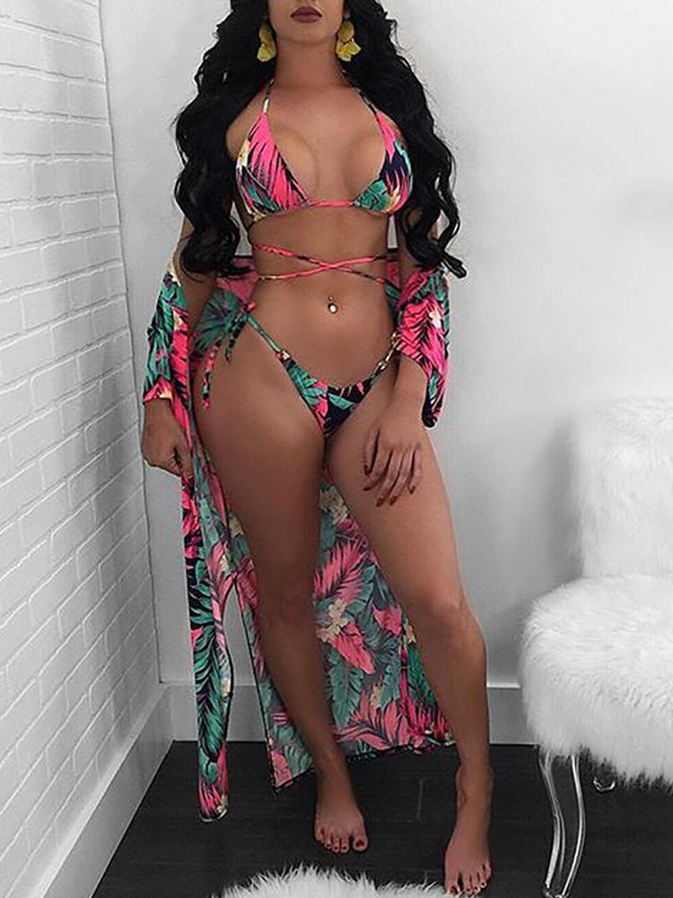 

3Pcs Print Crisscross Bikini&Cover Ups Swimwear Set, Light blue