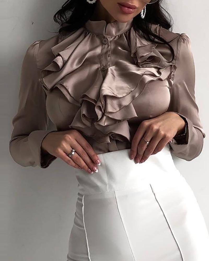

Solid Ruffles Design High Neck Blouse, Khaki