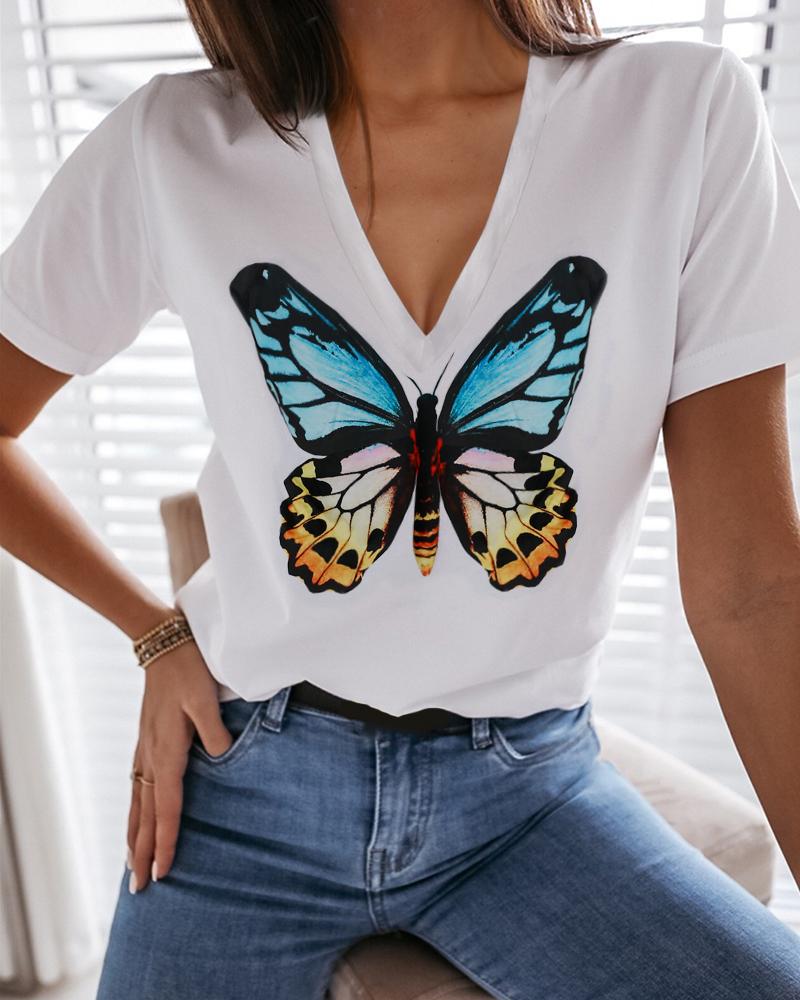 

Butterfly Print Short Sleeve Casual T-shirt, White