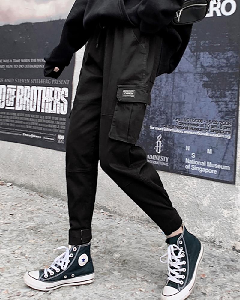 

Solid Drawstring Pockets Design Cargo Pants, Black