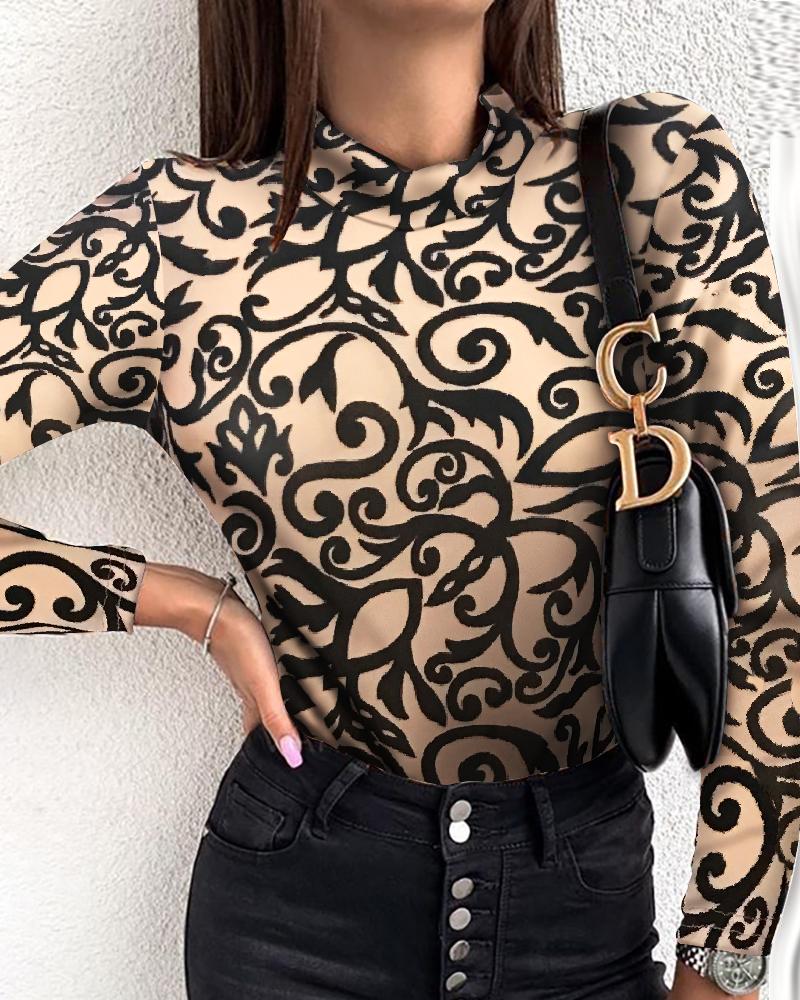 

Retro Print Long Sleeve Casual Blouse, Brown