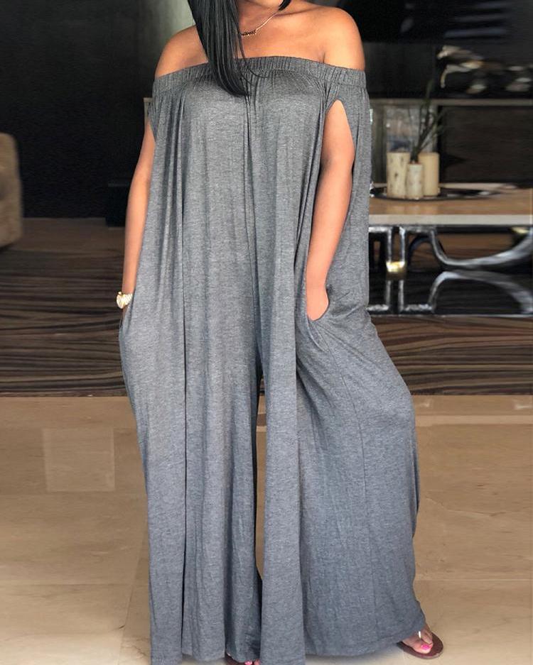 

Oversized Stretchy Off Shoulder Loose Jumpsuit, Gray