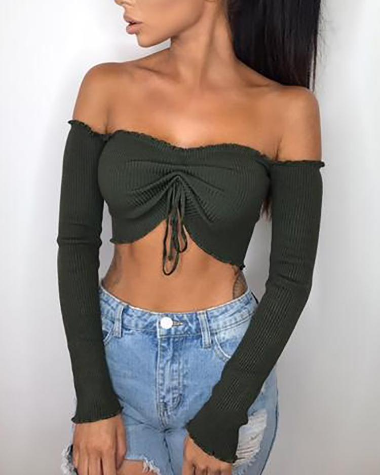 

Sexy Ruched Off Shoulder Crop Top, Green