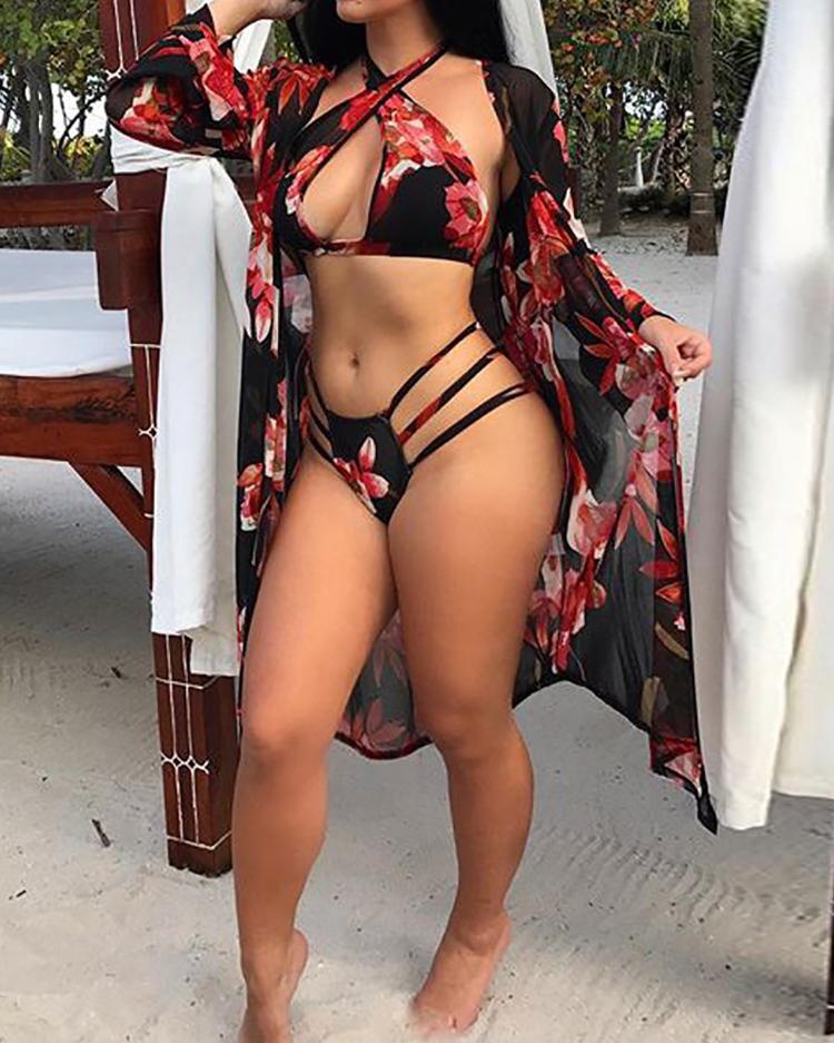 

3PCs Print Halter Bikini Swimsuit Cover Ups