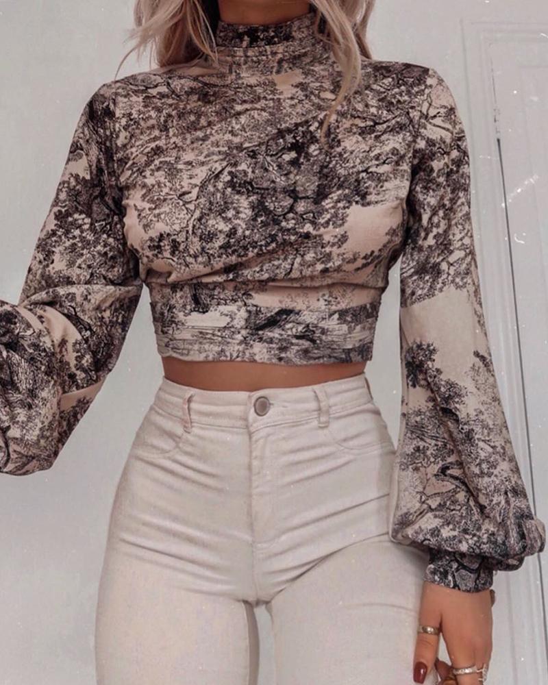 

Abstract Print Ruffles Detail Backless Blouse, Black