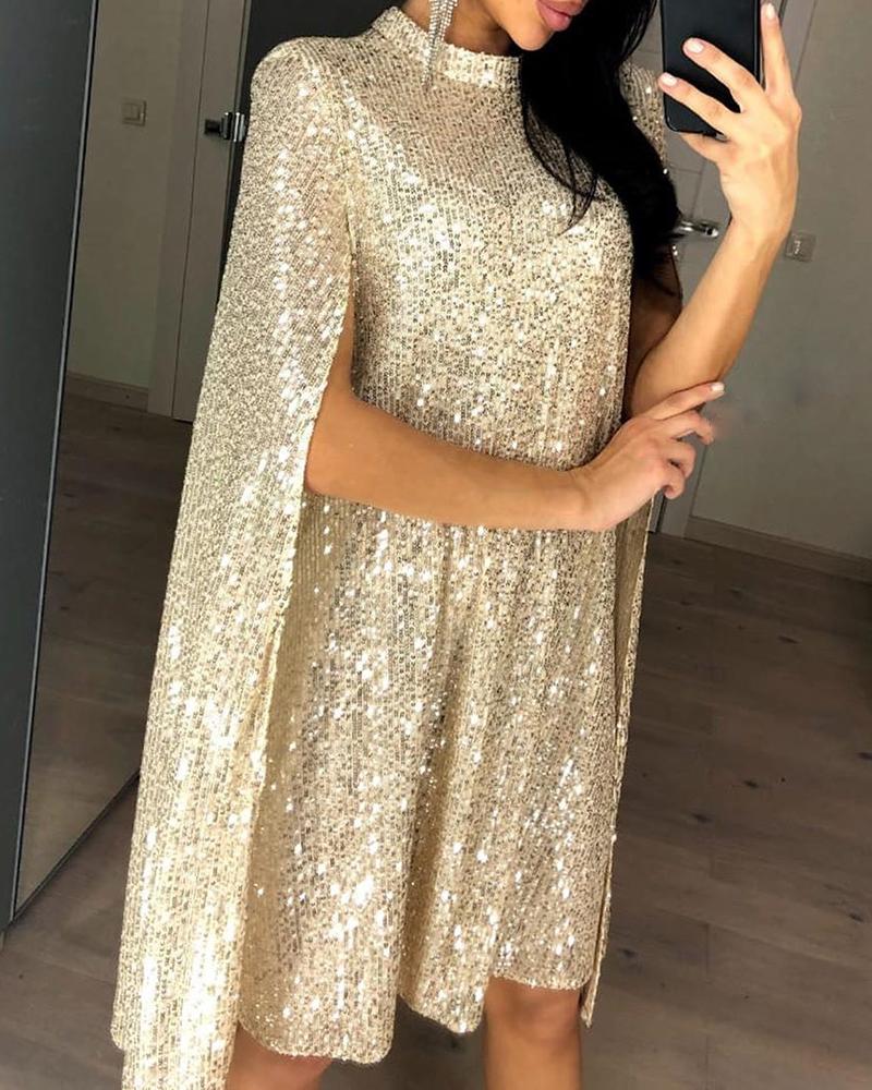 

Glitter Mock Neck Cape Design Sequins Dress, Champagne