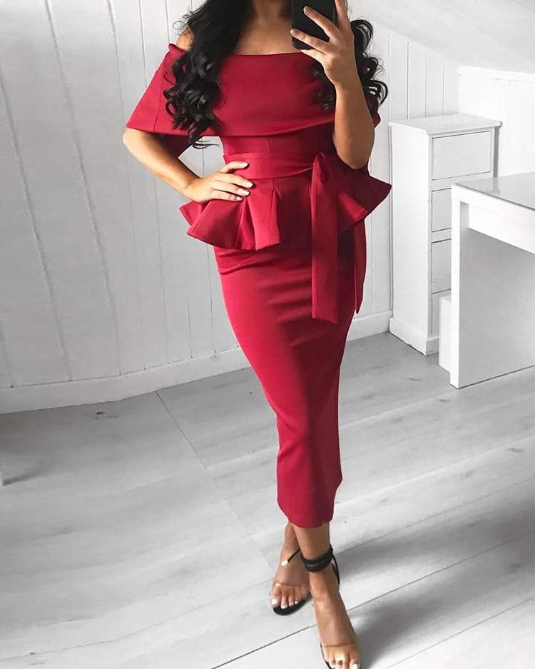 

Frilled Short Sleeve Midi Dress, Red