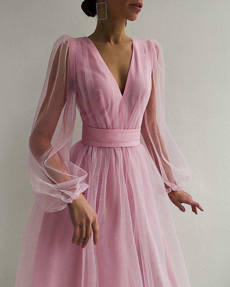 

Plain Sheer Mesh Puff Sleeve Ruched Evening Dress, Pink