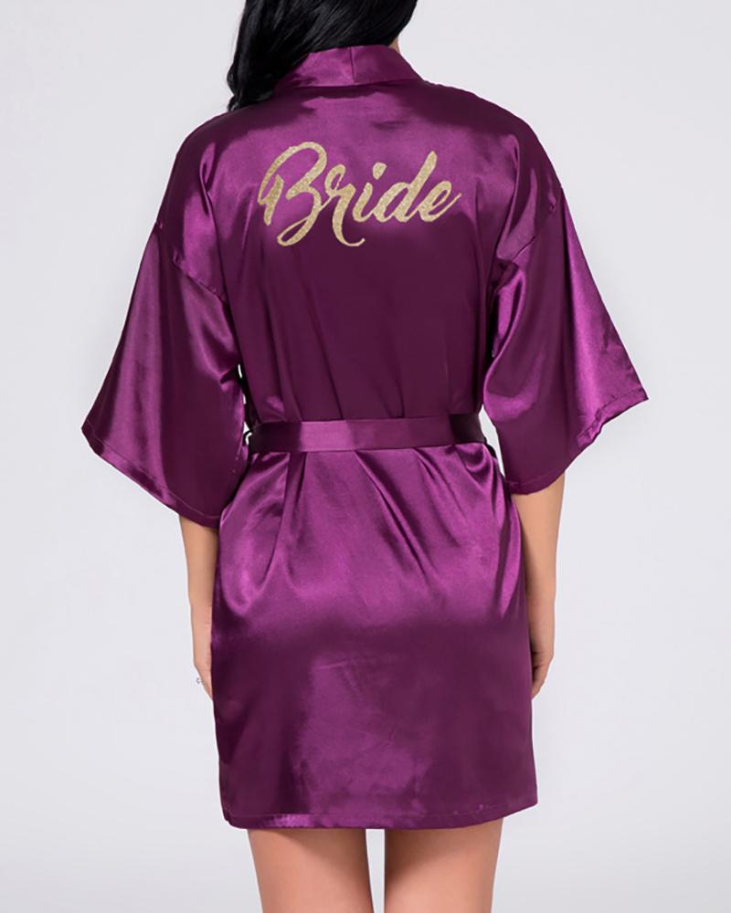 

Letter Print Satin Robe For Bride, Purple