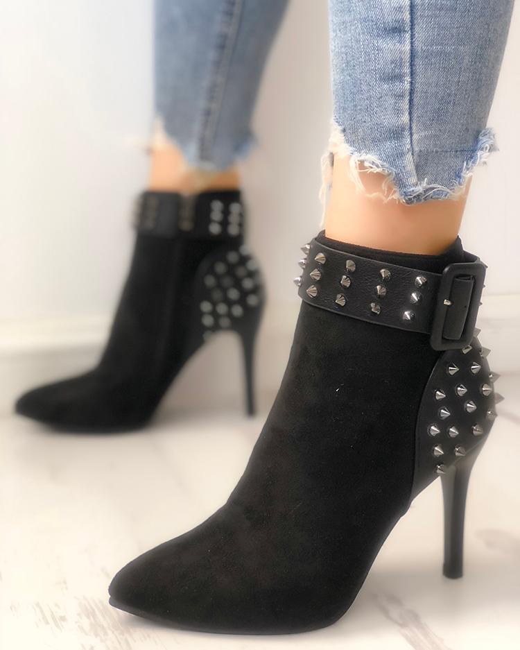 

Rivet Embellished Buckled Thin Heeled Boots, Black