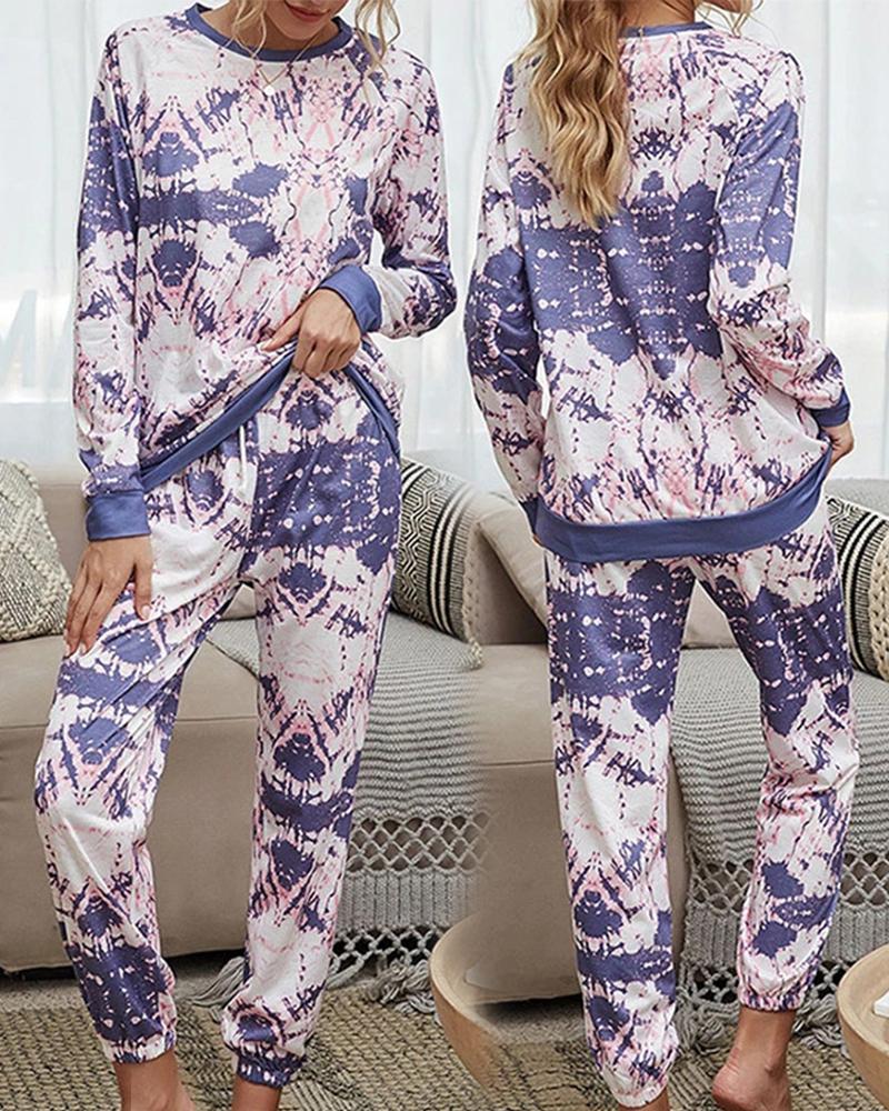 

Tie Dye Print Long Sleeve Top & Drawstring Pants Set, Blue