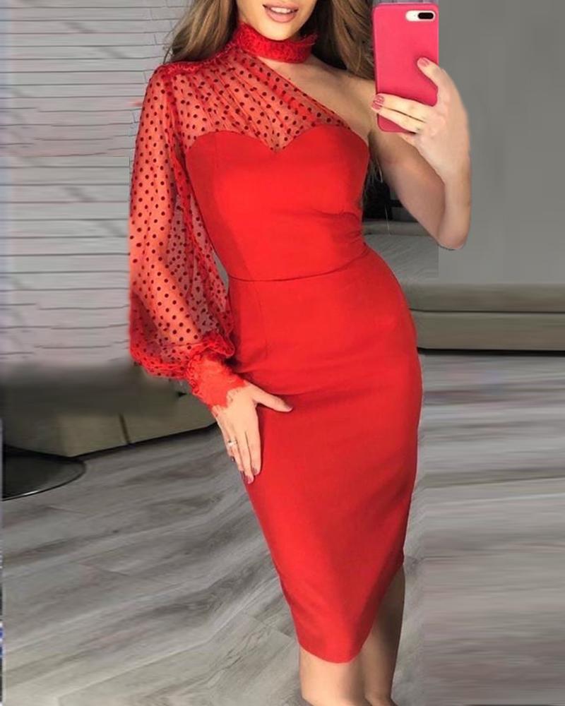 

One Shoulder Mesh Dot Lace Midi Dress, Red
