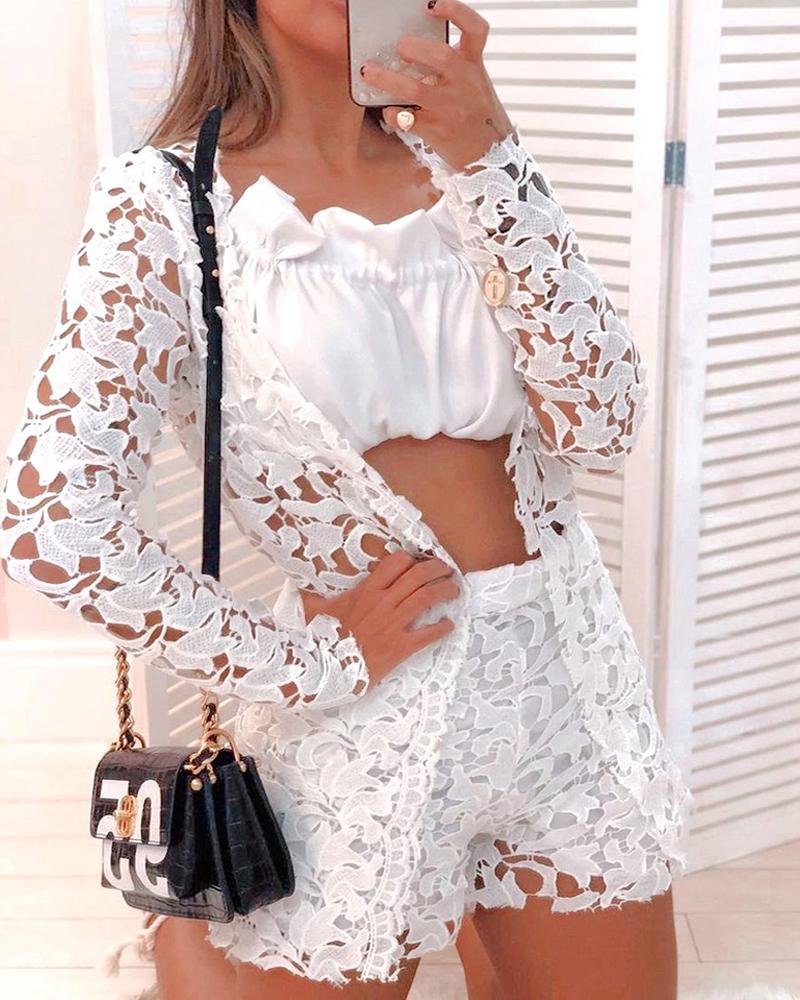 

Long Sleeve Hollow-out Lace Coat & High Waist Shorts Set, White