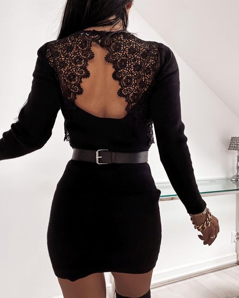 

Lace Trim Long Sleeve Ribbed Bodycon Dress, Black
