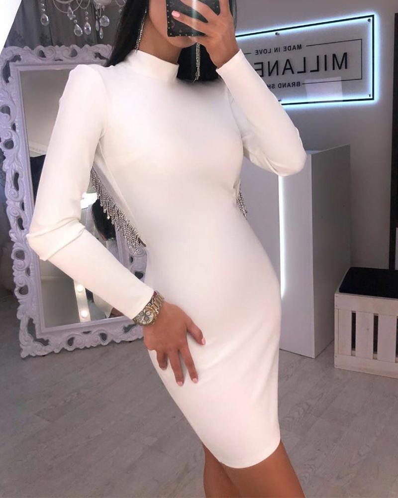 

Solid Backless Tassel Long Sleeve Skinny Dress, White