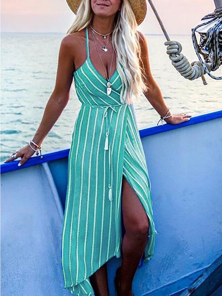 

Stripes Spaghetti Strap Irregular Wrap Dress, Green