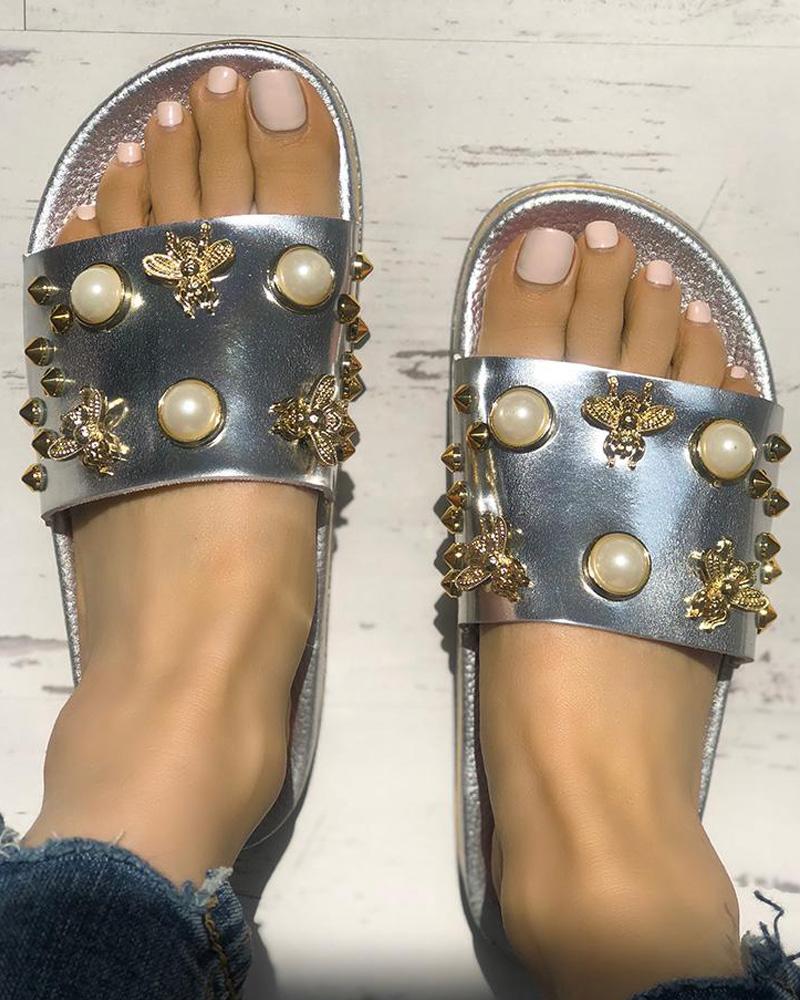 

Shiny Embellished Single Strap Flat Sandals, Silver