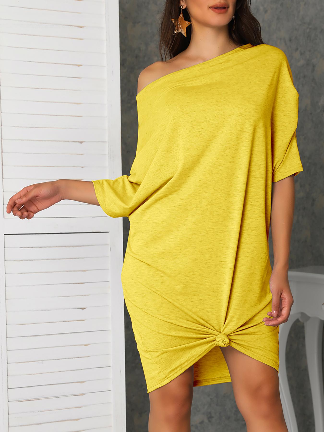 

Batwing Sleeve Knotted Solid Loose Dress, Yellow