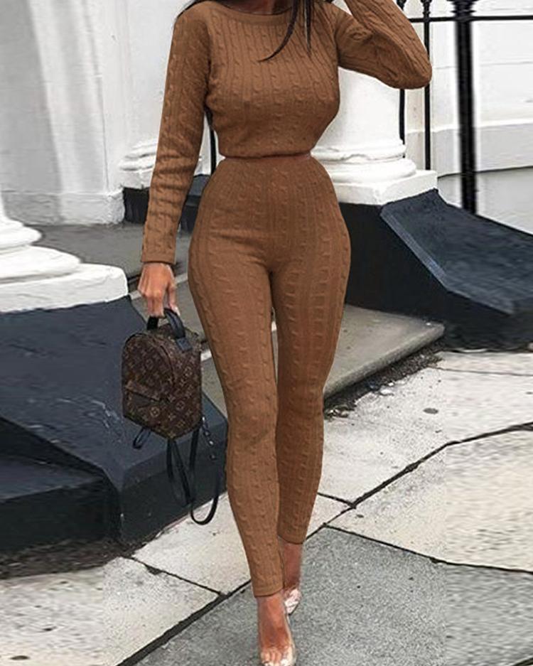 

Long Sleeve Knit Pullover Sweater & Pants Sets, Coffee