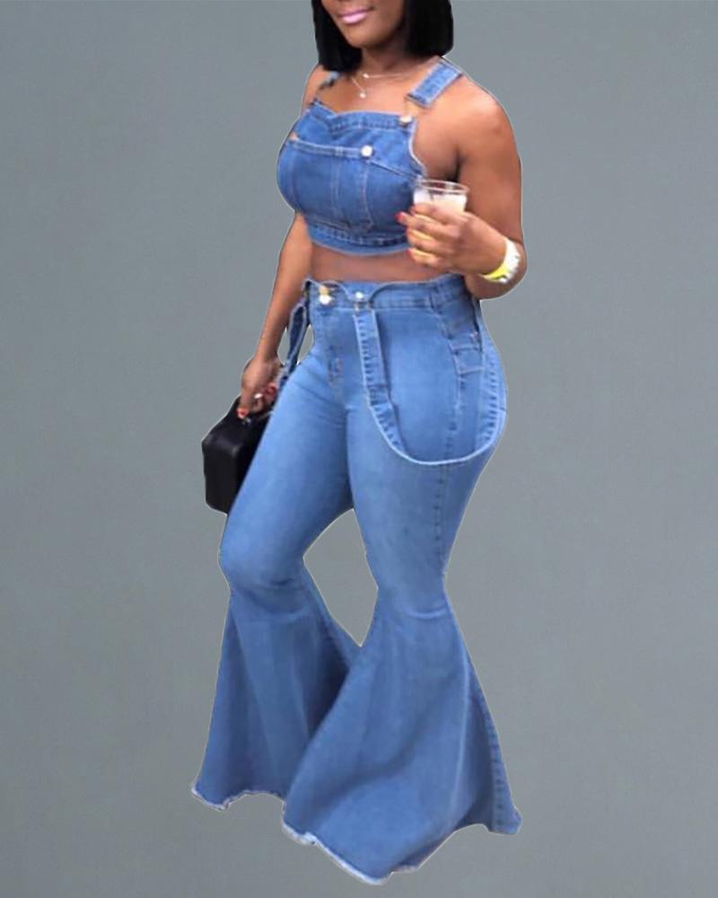 

Denim Suspender Design Bell Bottom Jeans, Blue