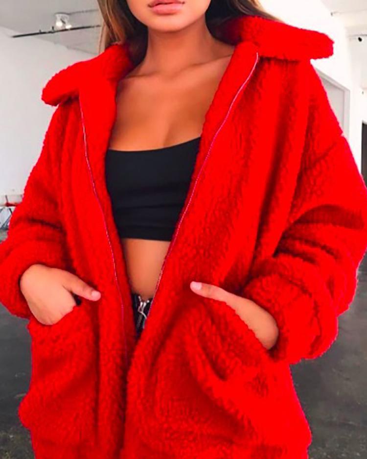 

Fluffy Zipper Up Pocket Design Oversized Coat, Red