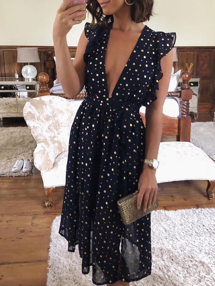 

Deep V- Neck Dot Ruffles Design Casual Dress, Black