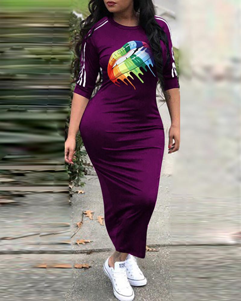 

Mouth Pattern Side Striped Tape Dress, Purple