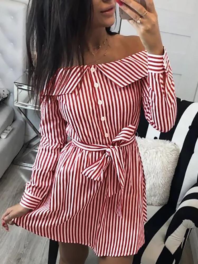 

Off Shoulder Striped Self Belted Shirt Dress, Red