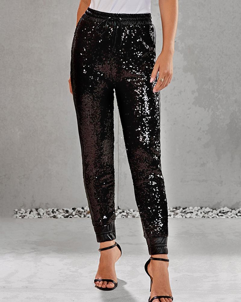 

Glitter High Waist Sequins Pants, Black