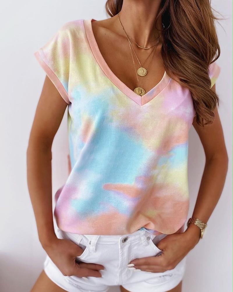 

Tie Dye Print Contrast Binding Casual T-shirt, Pink