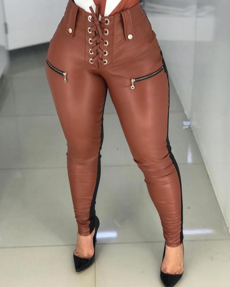 

High Waist Eyelet Lace-Up Zipper Pants, Brown