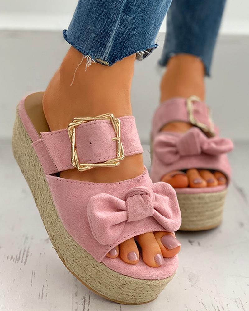 

Bowknot Design Cutout Buckled Platform Espadrille Sandals, Pink