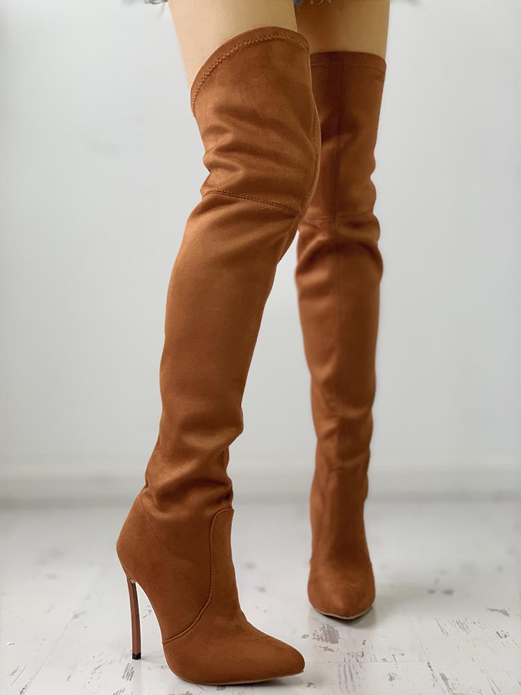 

Solid Knee-High Pointed Toe Heels Boots, Brown