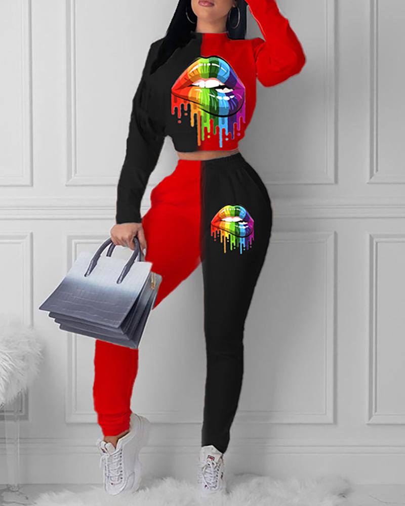 

Lip Print Colorblock Top & Pants Set, Red