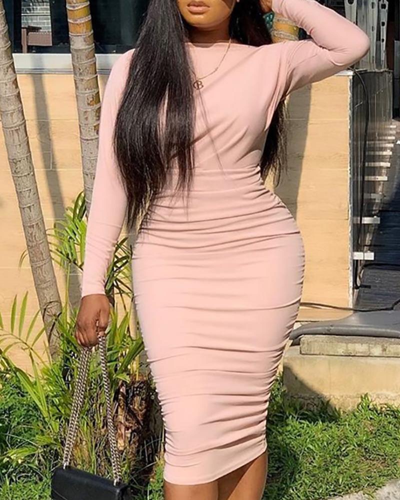 

Solid Long Sleeve Ruched Tight Waist Bodycon Dress, Pink